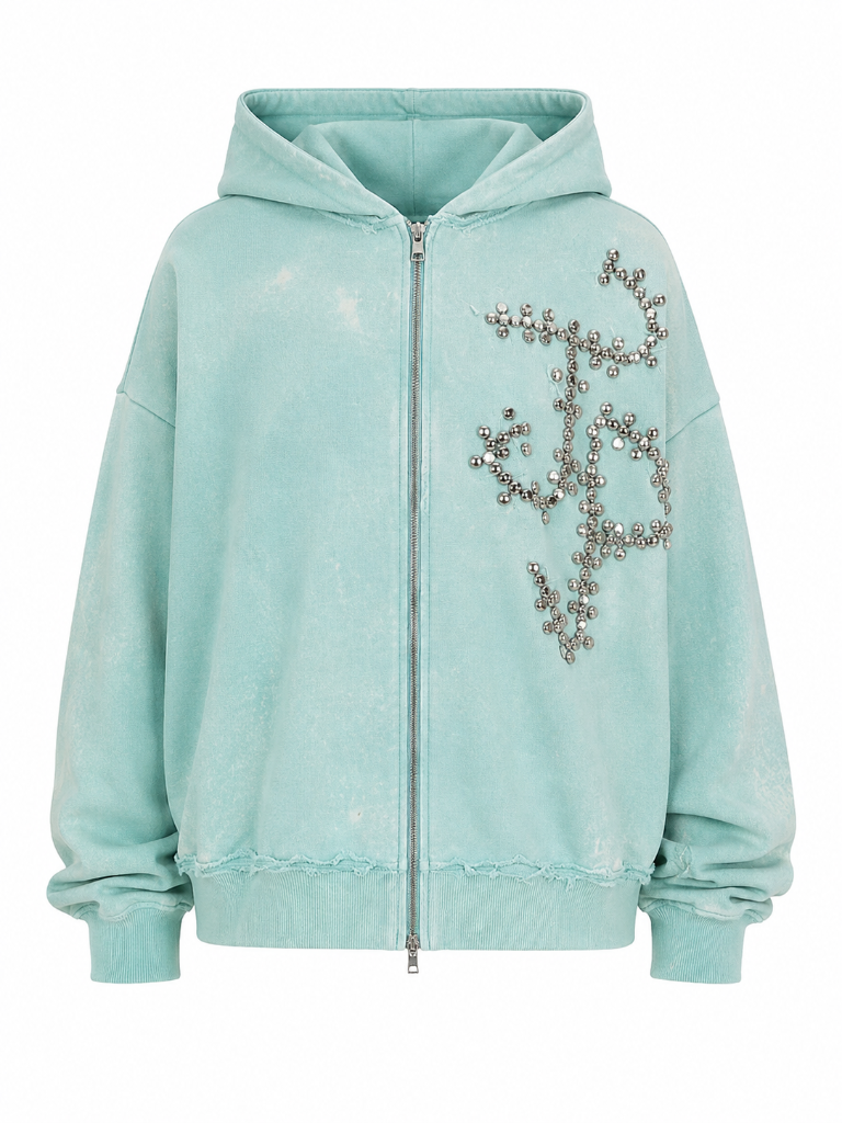Studded Script Zip Hoodie — Mint