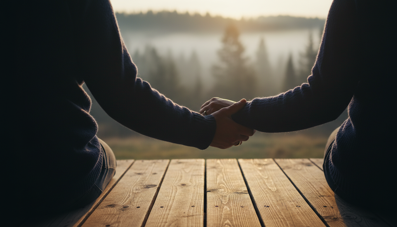 Supportive hand on forearm at dawn, symbolizing hope and intervention support