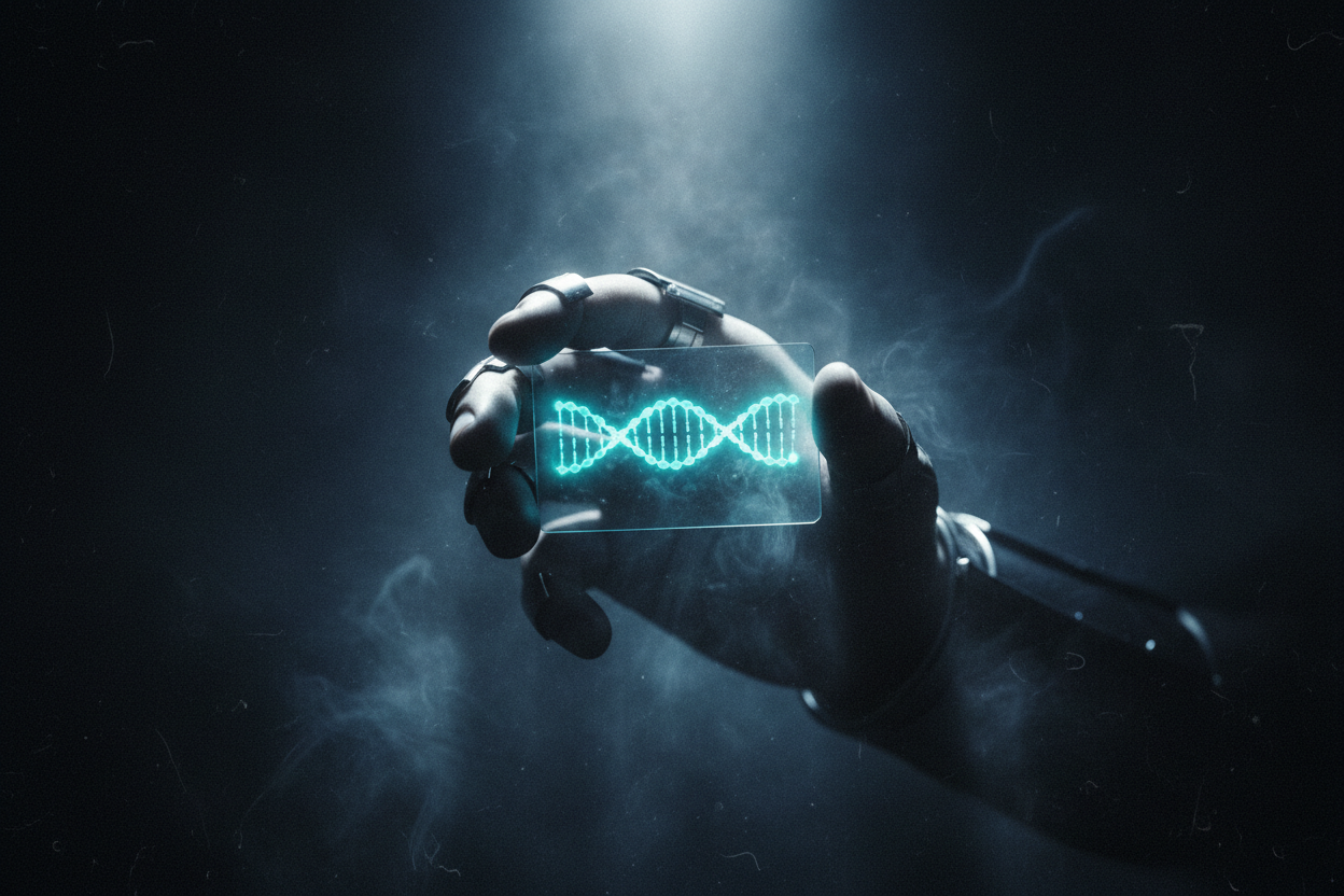 A mysterious glowing LIFE card with DNA patterns