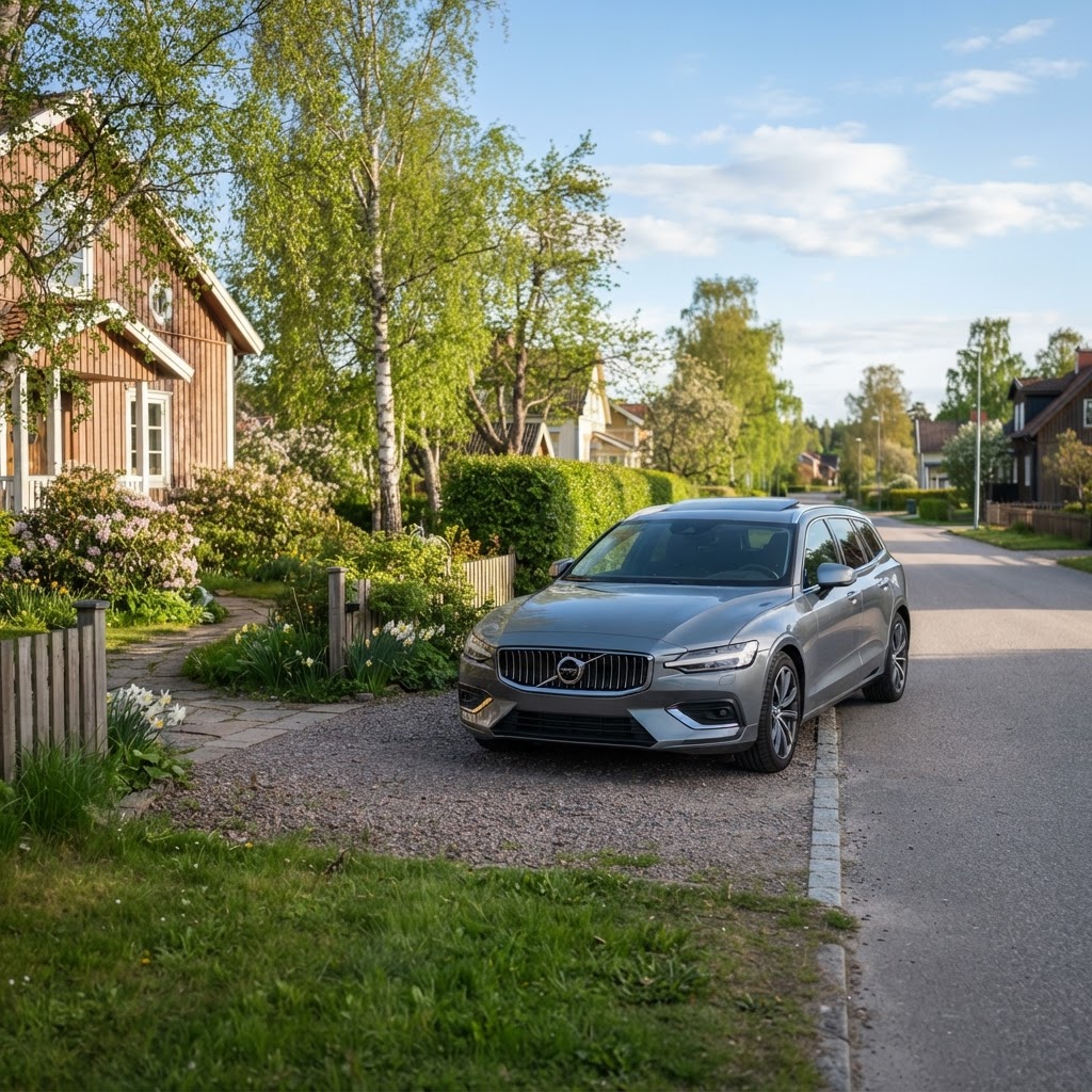 Modern kombi parkerad på en solig gata framför ett ljust hus