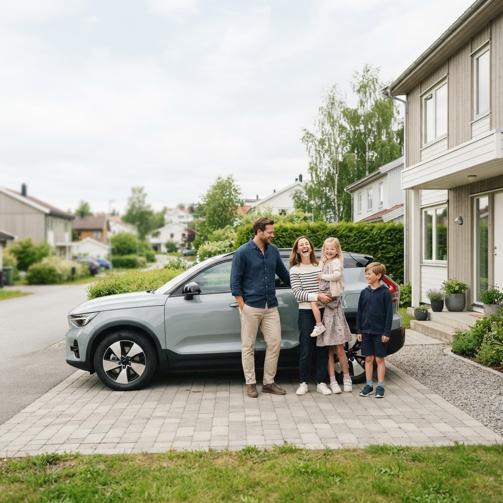 Familie ved en moderne elektrisk familiebil utenfor huset sitt