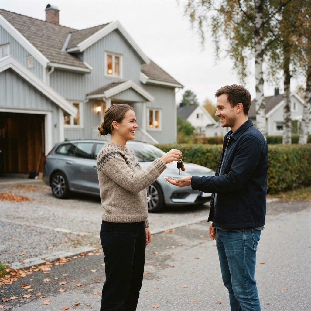 Nøkkeloverlevering utenfor huset etter salg formidlet gjennom SellMyCar