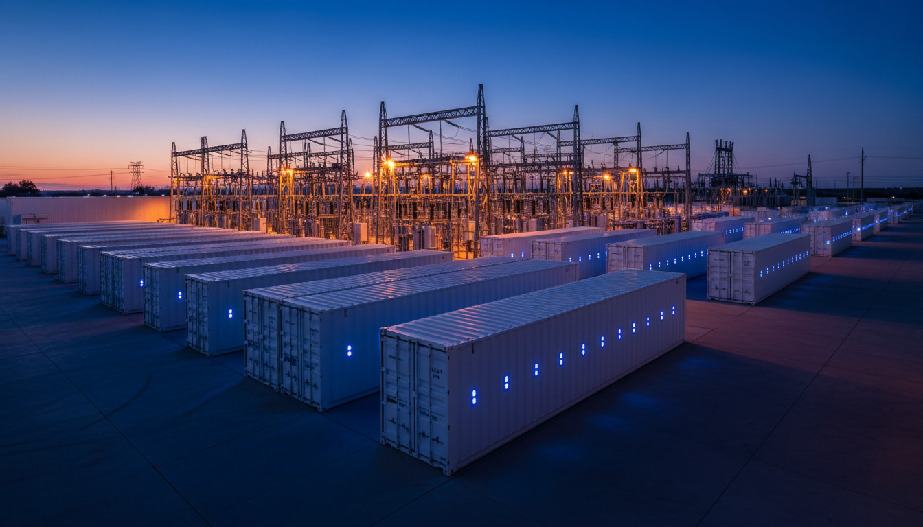 Battery energy storage system facility at dusk