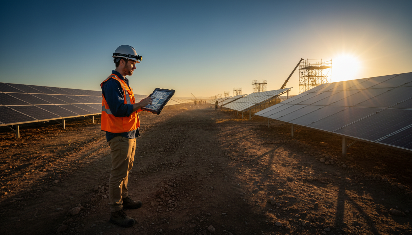Field engineer reviewing blueprints at a solar construction site