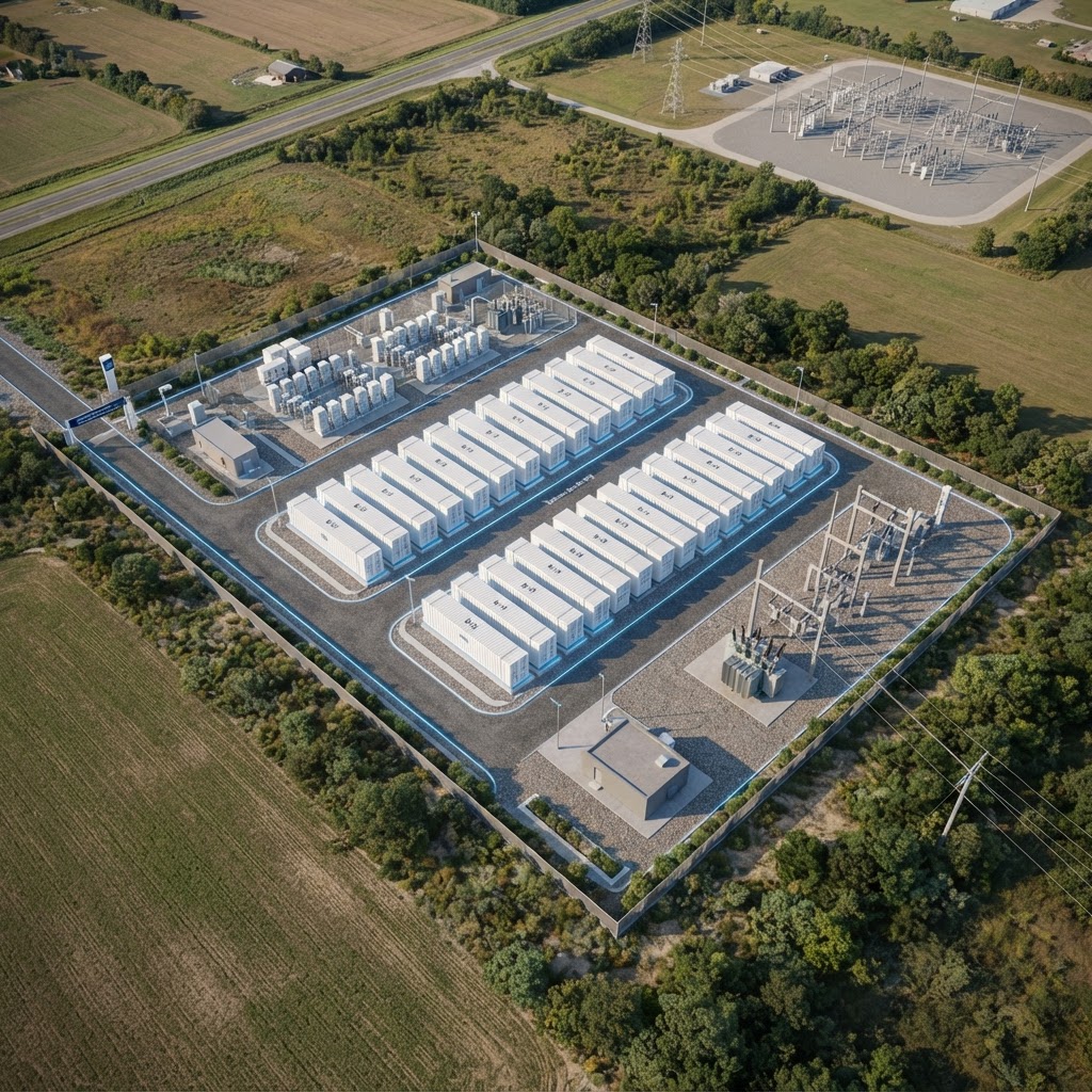 Conceptual BESS site layout rendered over satellite imagery