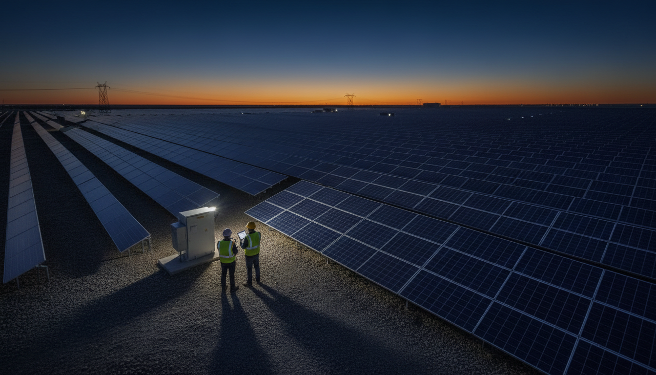 Utility-scale solar farm at twilight with field engineers reviewing project data