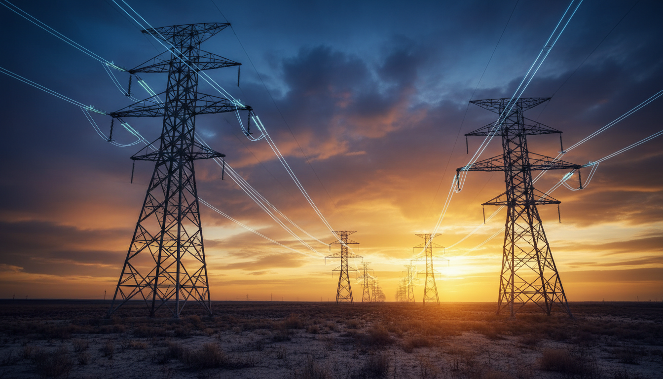 Transmission tower infrastructure at golden hour