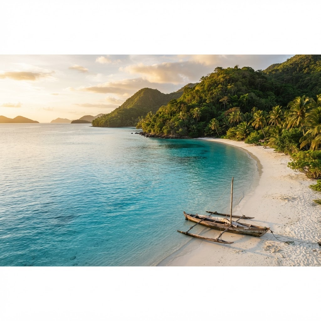 Turquoise lagoon and pirogue boat in Nosy Be, Madagascar