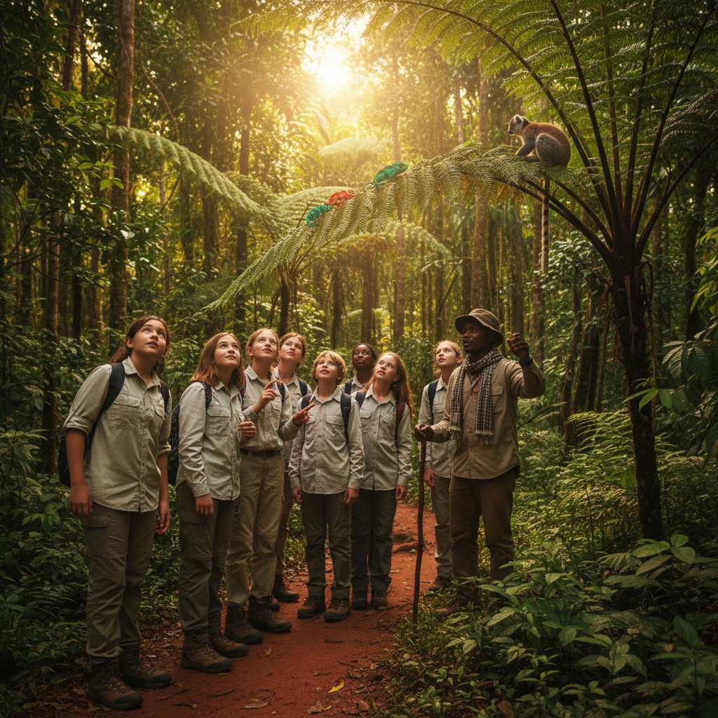 Group of students learning in Madagascar rainforest