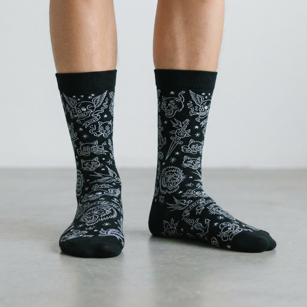 Black & White Tattoo Crew Sock