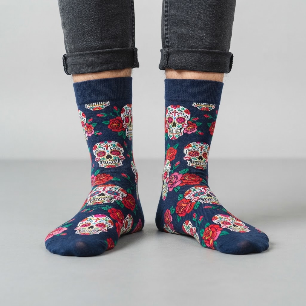 Skull & Roses Crew Sock — Navy