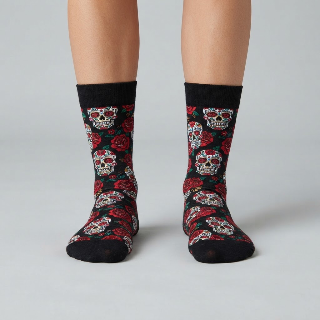 Skull & Roses Crew Sock — Black