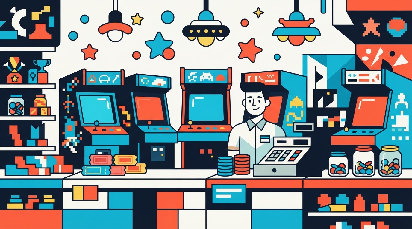 Bold flat illustration of an arcade counter