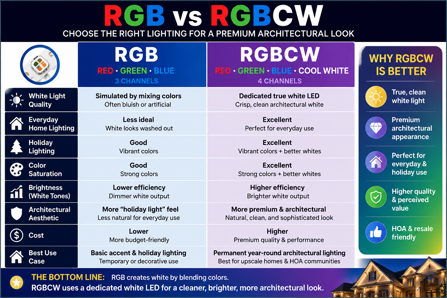 RGB versus RGBCW permanent lighting comparison