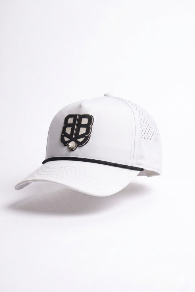 White Best Ball Bandit Golf Curved 5 Panel Hat with Black Rope