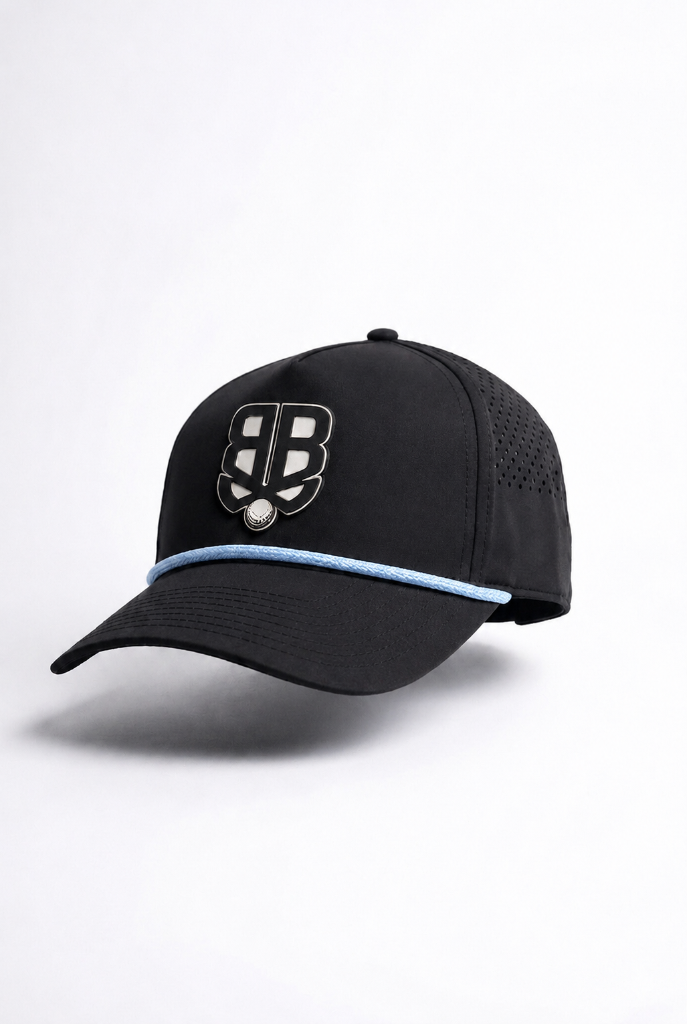 Black Best Ball Bandit Golf Curved 5 Panel Hat with Sky Blue Rope
