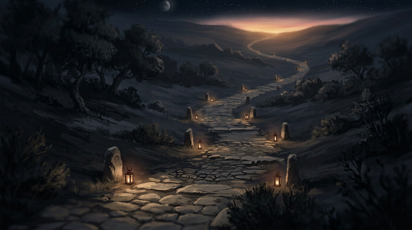 A lantern lit stone path winding through dark terrain
