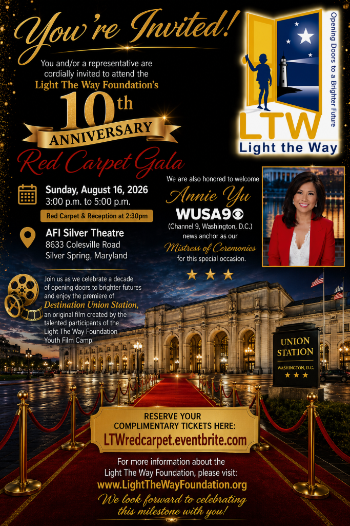 Light The Way Foundation 10th Anniversary Red Carpet Gala — August 16, 2026 invitation flyer