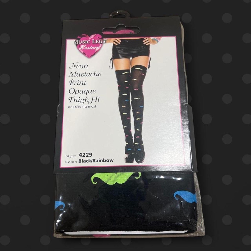 Black & Neon Mustache Print Thigh Hi