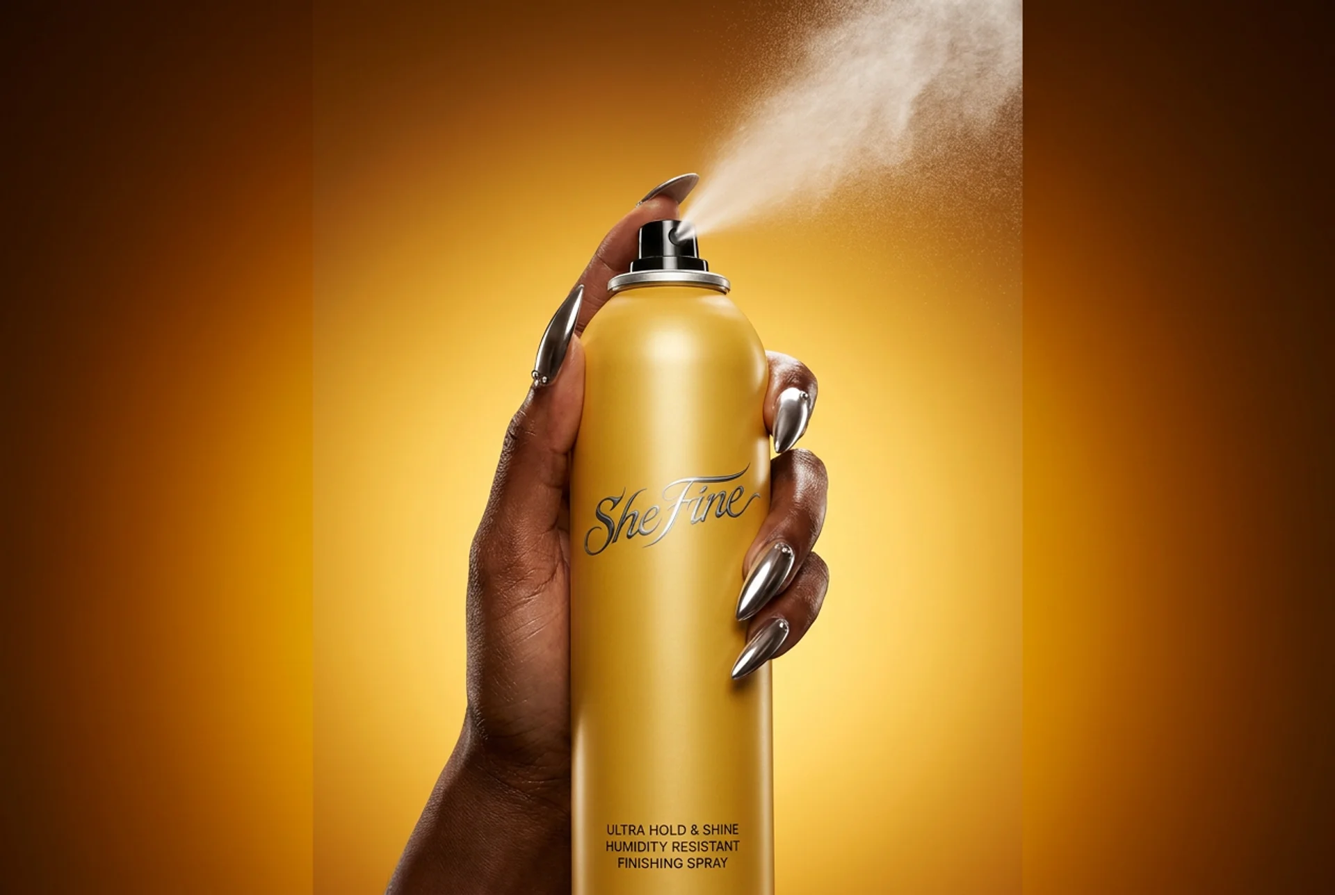 SheFine Finishing Spray — yellow aerosol can