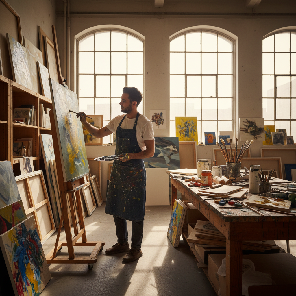 Artist painting in their studio surrounded by canvases with paint-stained hands