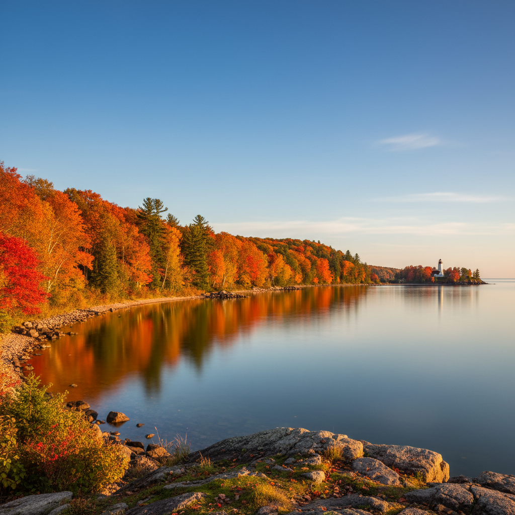 Door County Wisconsin autumn landscape with vibrant foliage along the shoreline