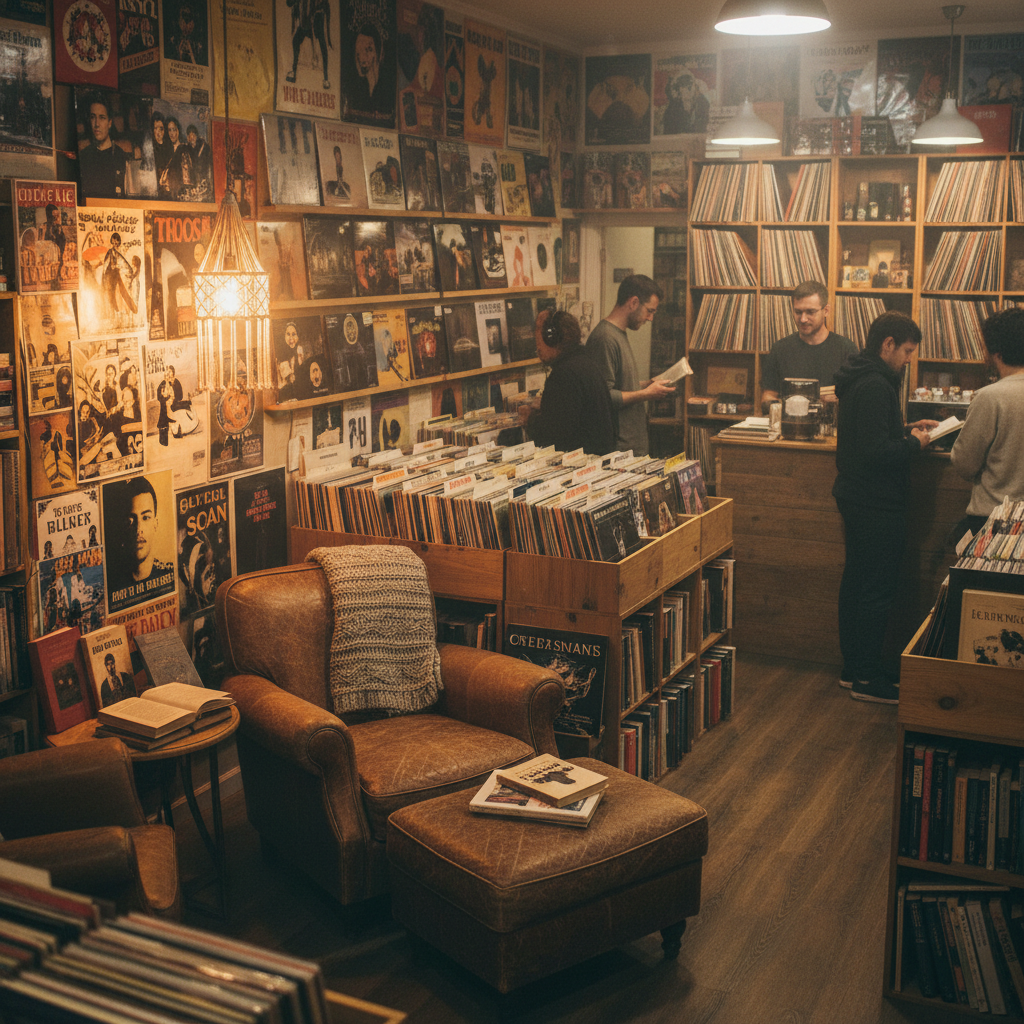 Indie record store interior with vinyl walls cozy reading corner music posters and warm lighting