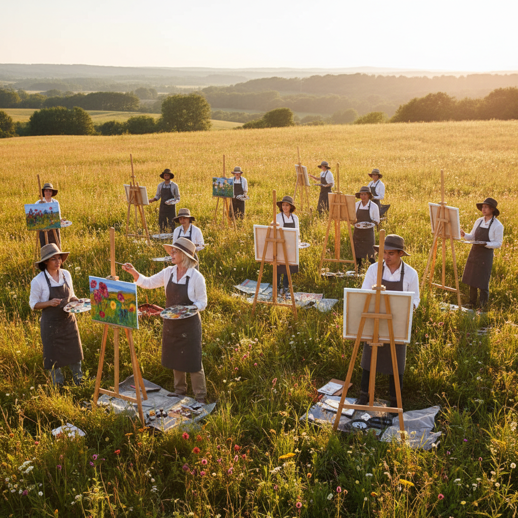 Plein air painting workshop group in a meadow with multiple easels and instructor in golden hour