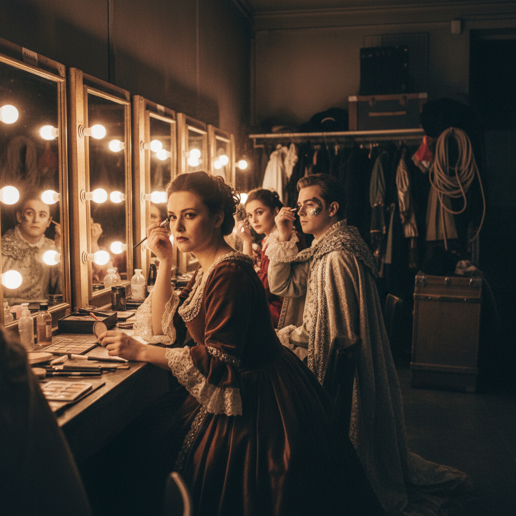 Theater backstage with actors in costume at dressing room mirrors with warm lights
