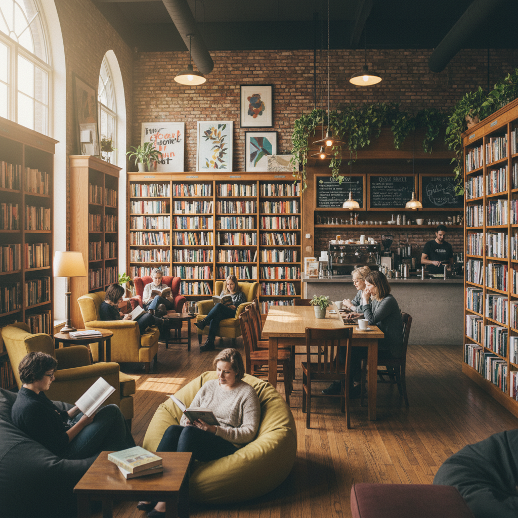 Midwest bookstore and coffee shop interior with floor-to-ceiling shelves and cozy reading nooks