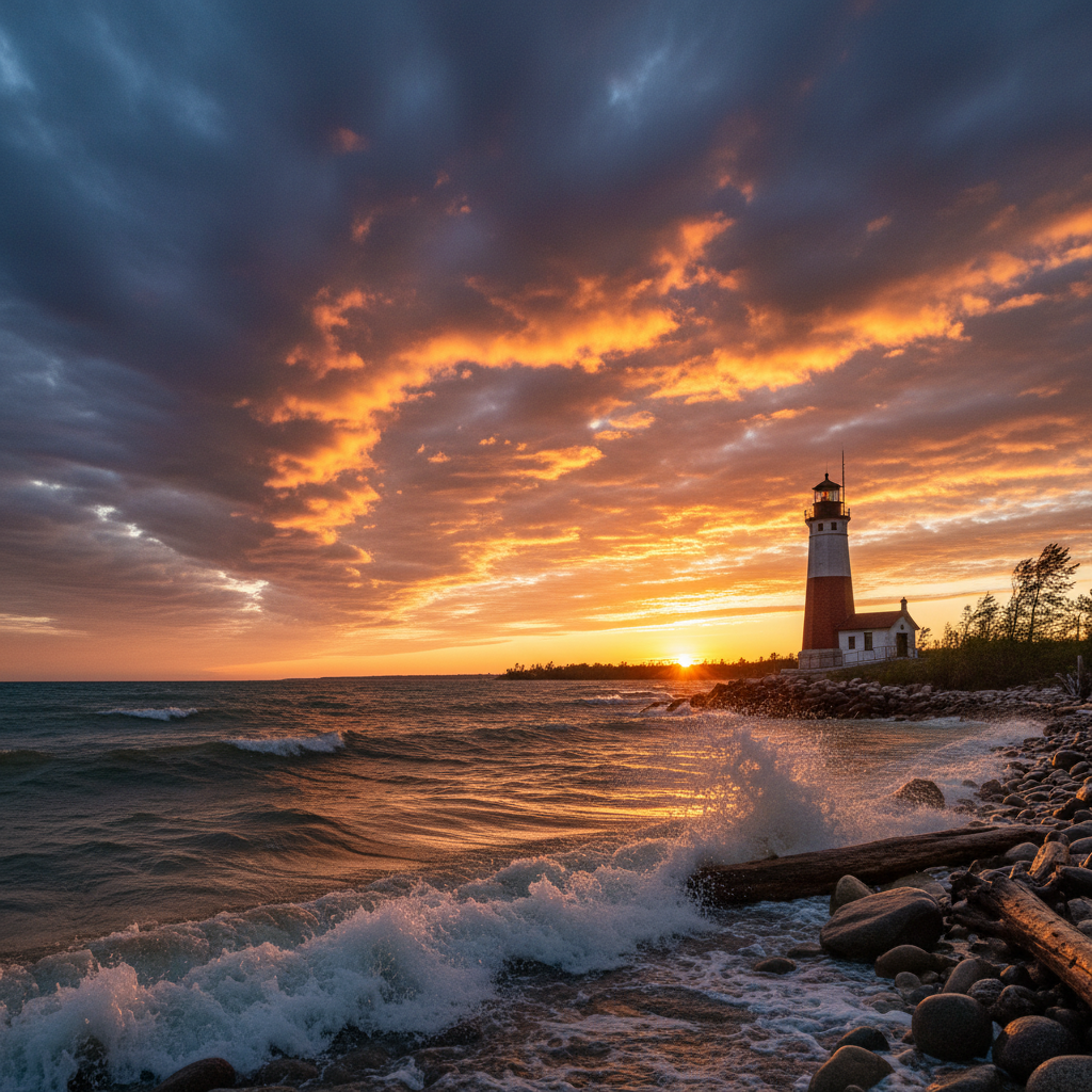 Wisconsin lighthouse at golden hour with dramatic clouds and Lake Michigan shoreline