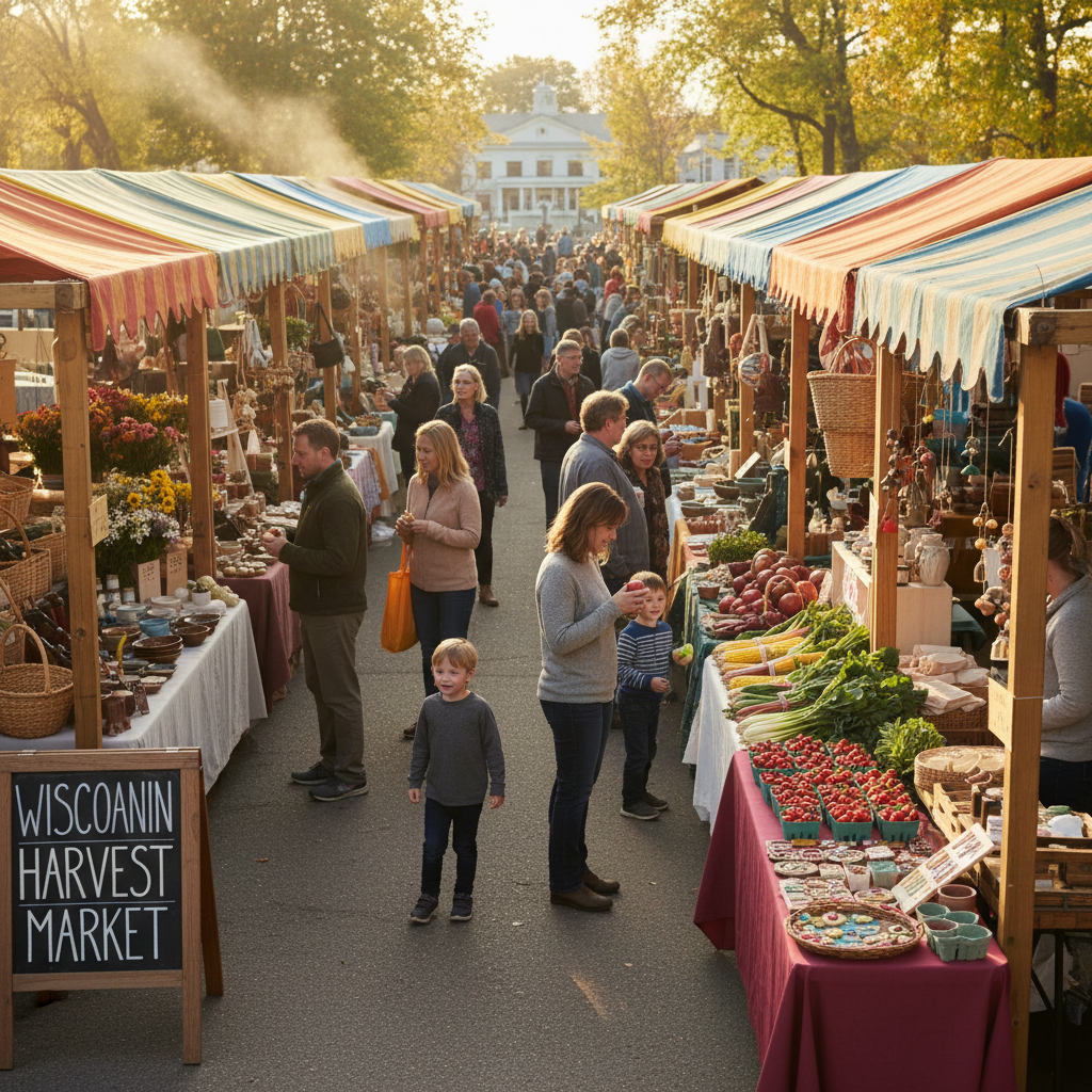 Wisconsin farmers market with fresh produce and handmade crafts in morning golden light