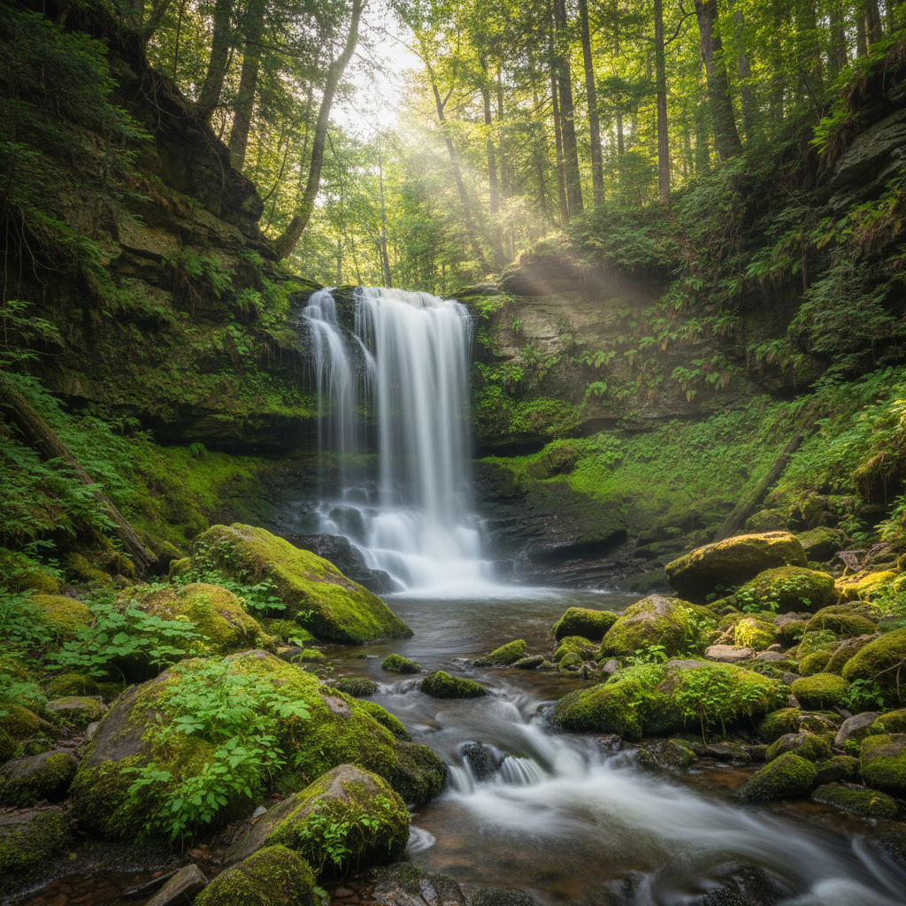 Wisconsin waterfall in a forest gorge with long exposure silky water and lush green moss
