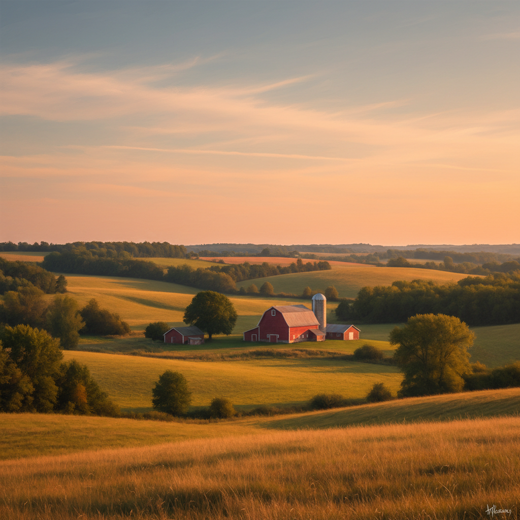 Wisconsin landscape with rolling hills, countryside, and golden hour light