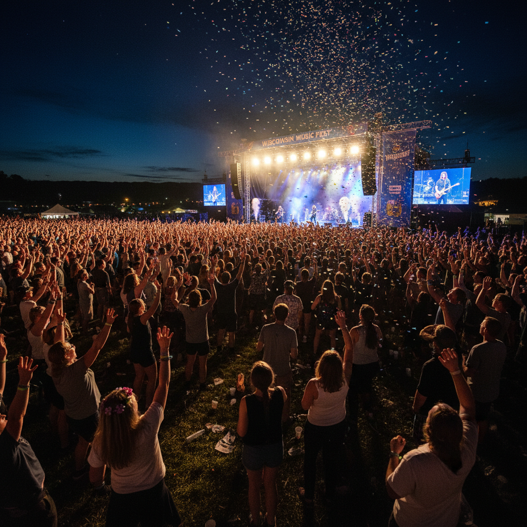 Wisconsin outdoor summer concert crowd at night with stage lights