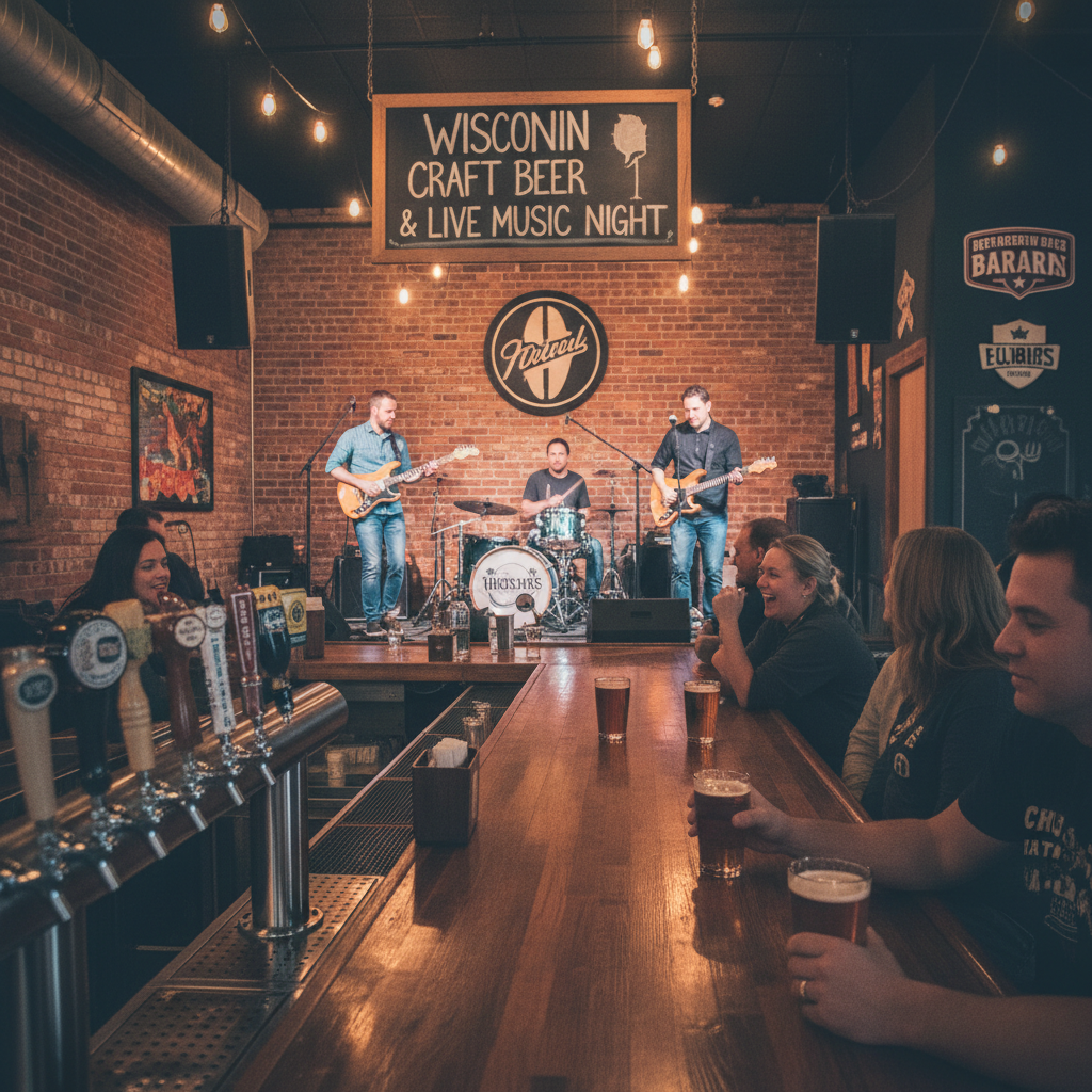 Wisconsin craft beer and live music night at a local brewery with warm amber lighting