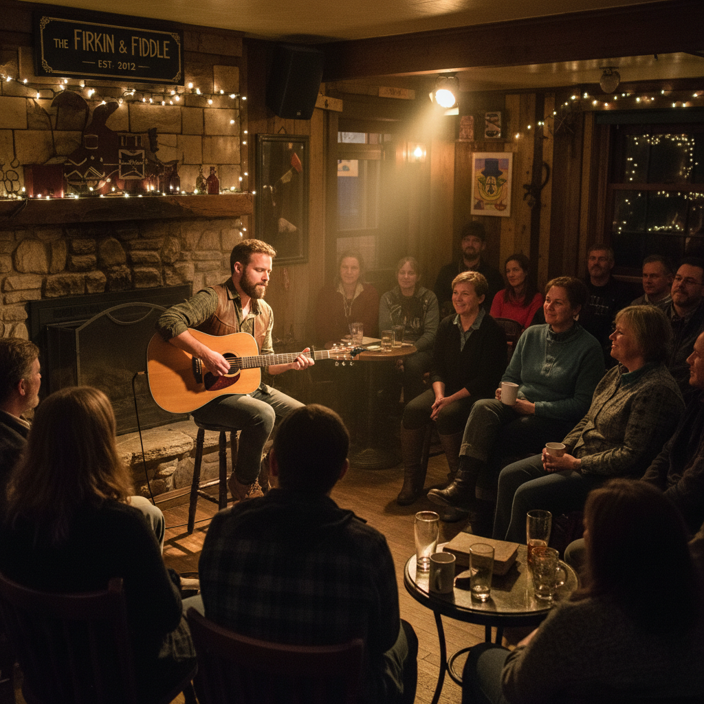 Folk music performance in an intimate Wisconsin venue with acoustic guitar