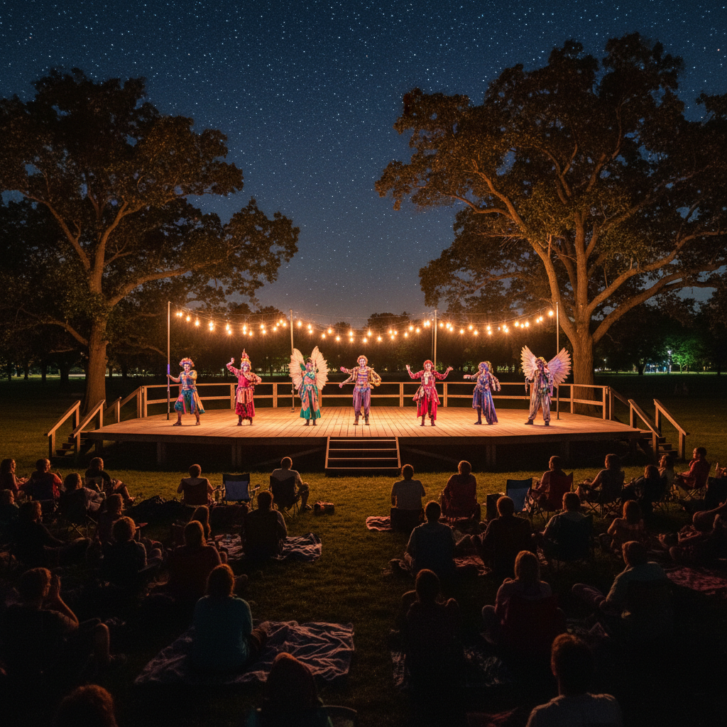 Outdoor theater performance under the stars in a Midwest park with colorful costumes