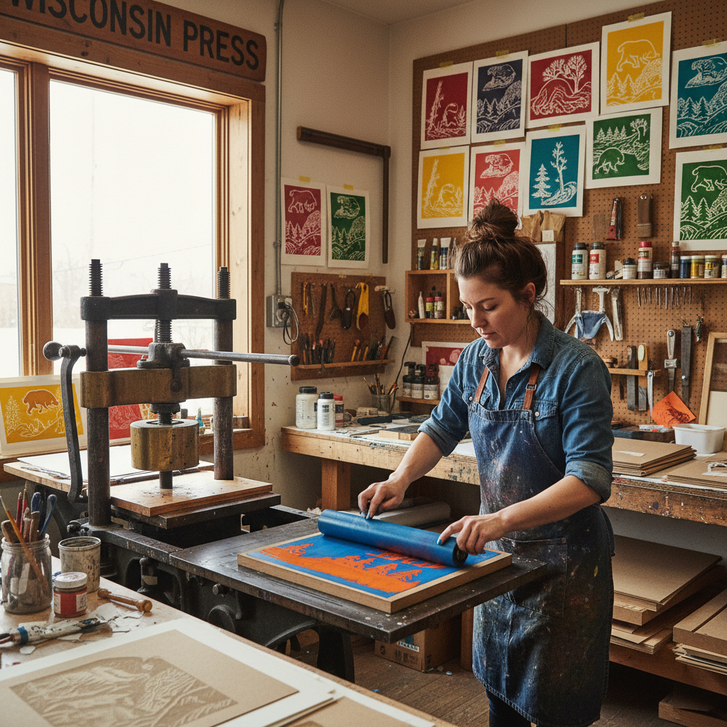 Wisconsin printmaking studio with artist working at printing press