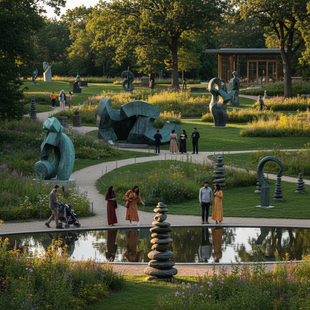 Midwest sculpture garden with large bronze and stone works in a lush park