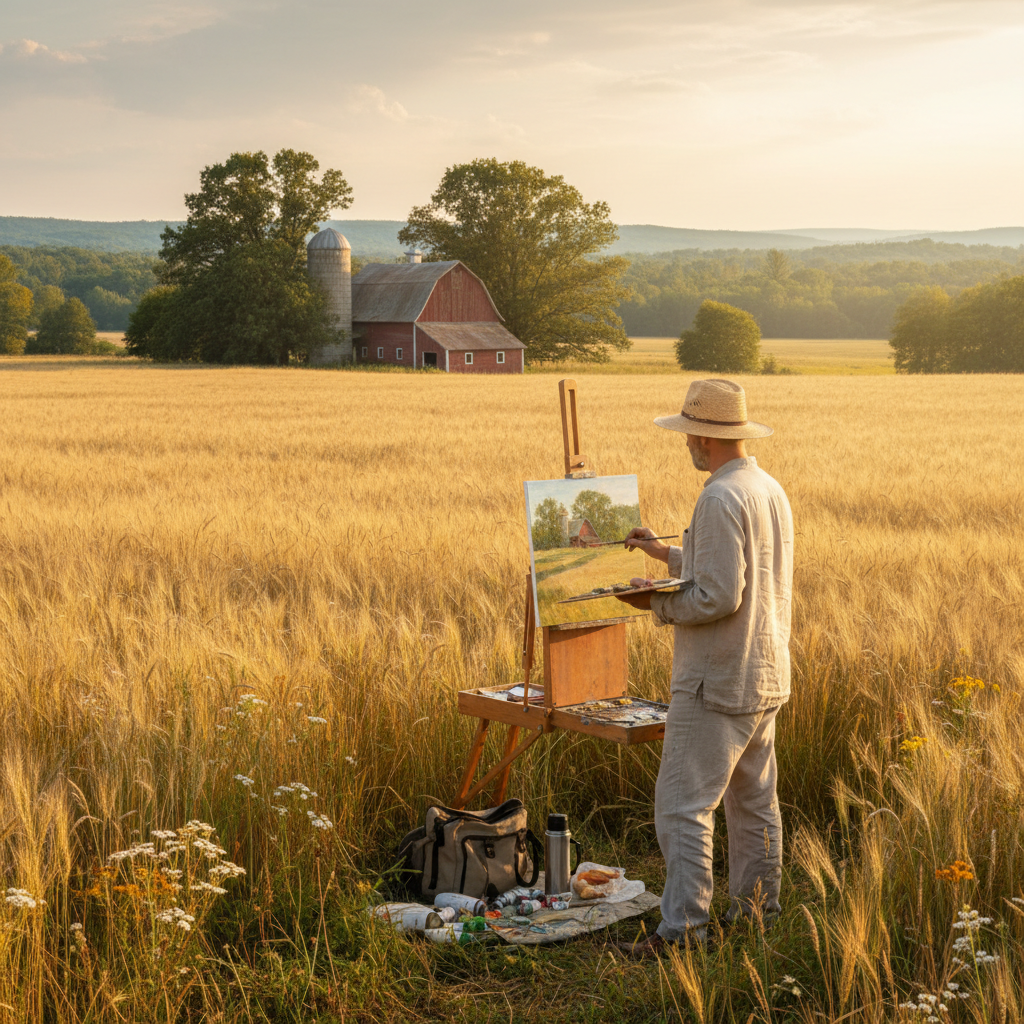 Midwest plein air painter in Wisconsin countryside at easel in golden field with barn in background