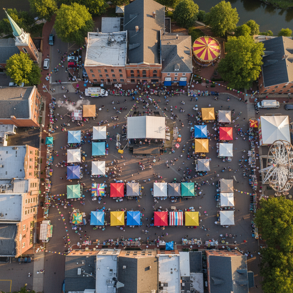 Aerial view of a Midwest town during summer festival with colorful market stalls