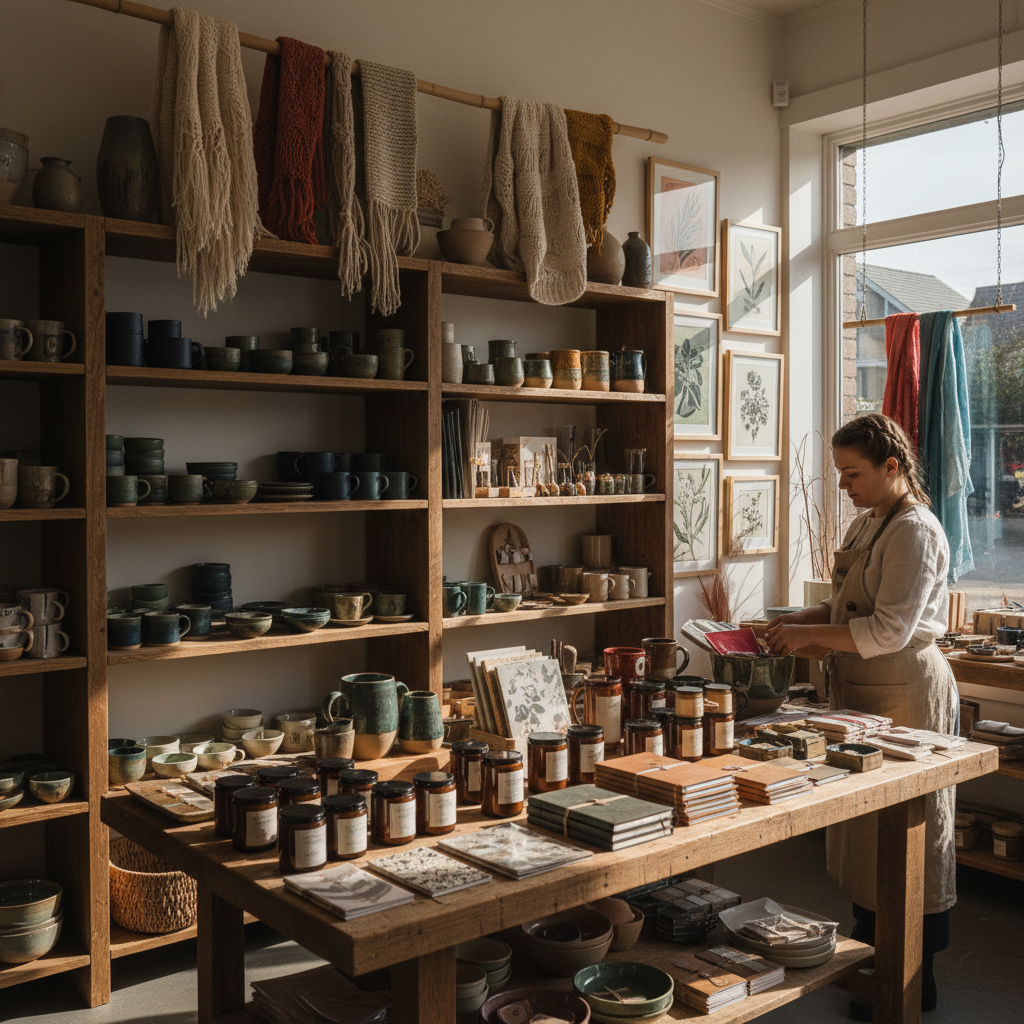 Artisan craft shop interior with handmade pottery woven goods and prints carefully displayed