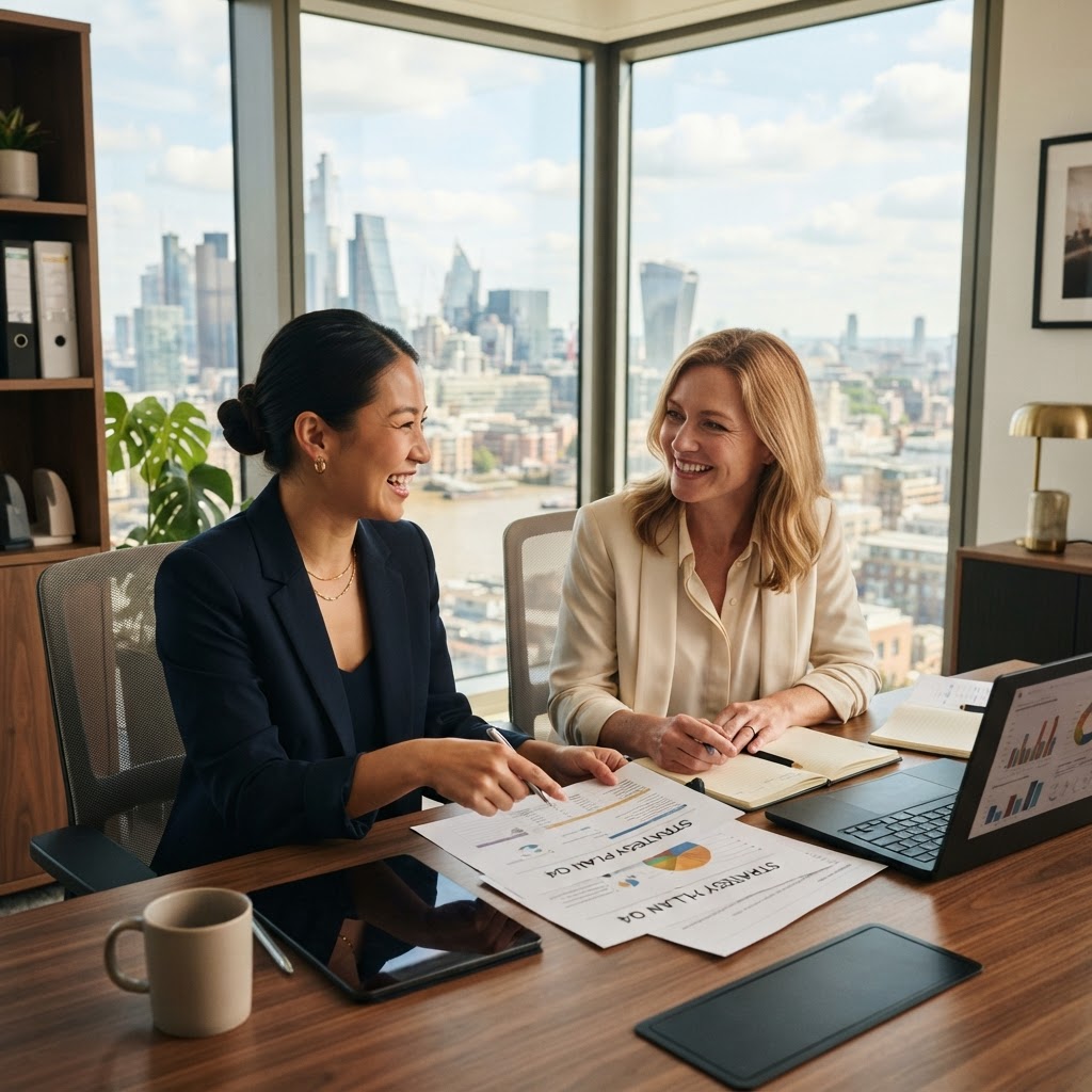 Wealthy Statement advisors planning strategy in a corner office