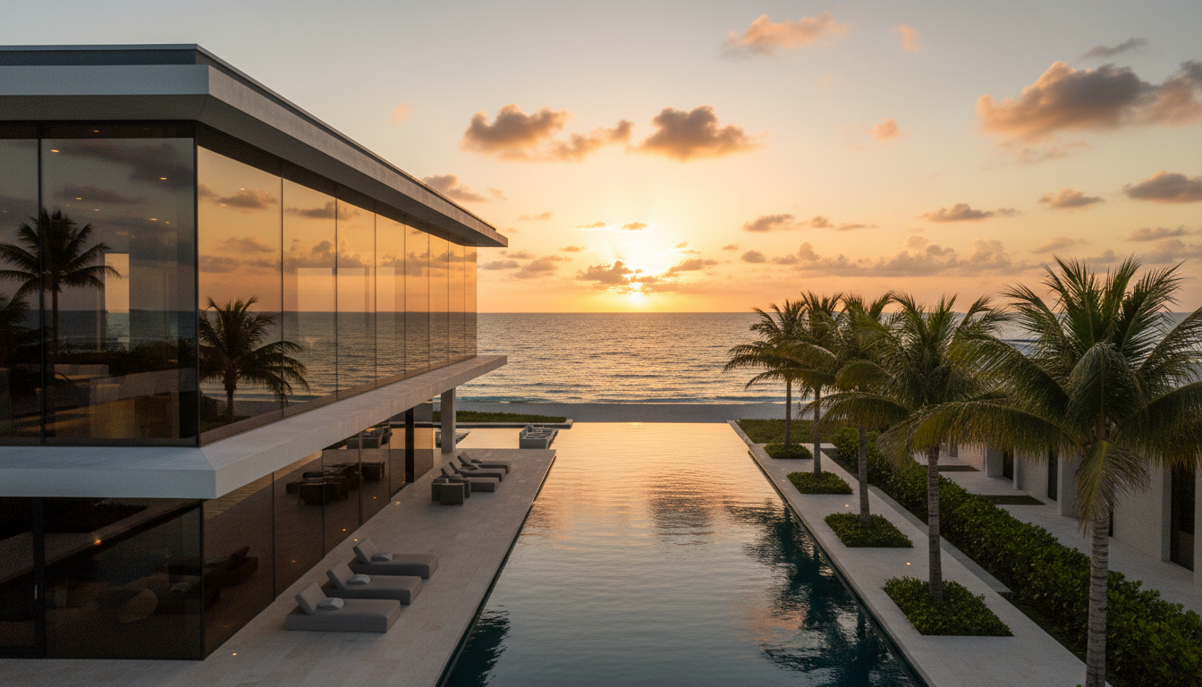Luxury waterfront villa in North Miami Beach at sunset
