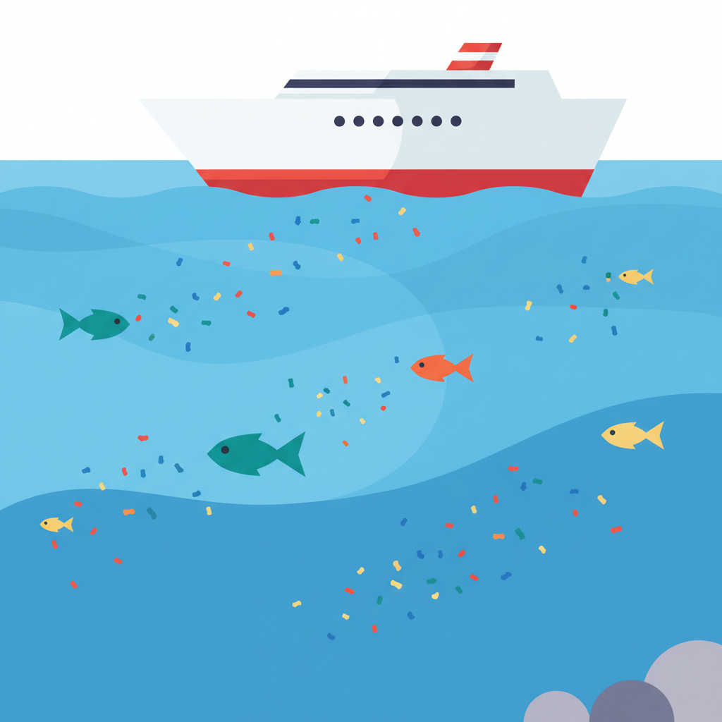 Underwater scene of fish swimming in a polluted ocean full of microplastics