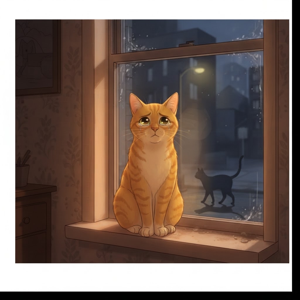Orange tailless Manx cat facing forward, wistful expression, lit by dark window at night