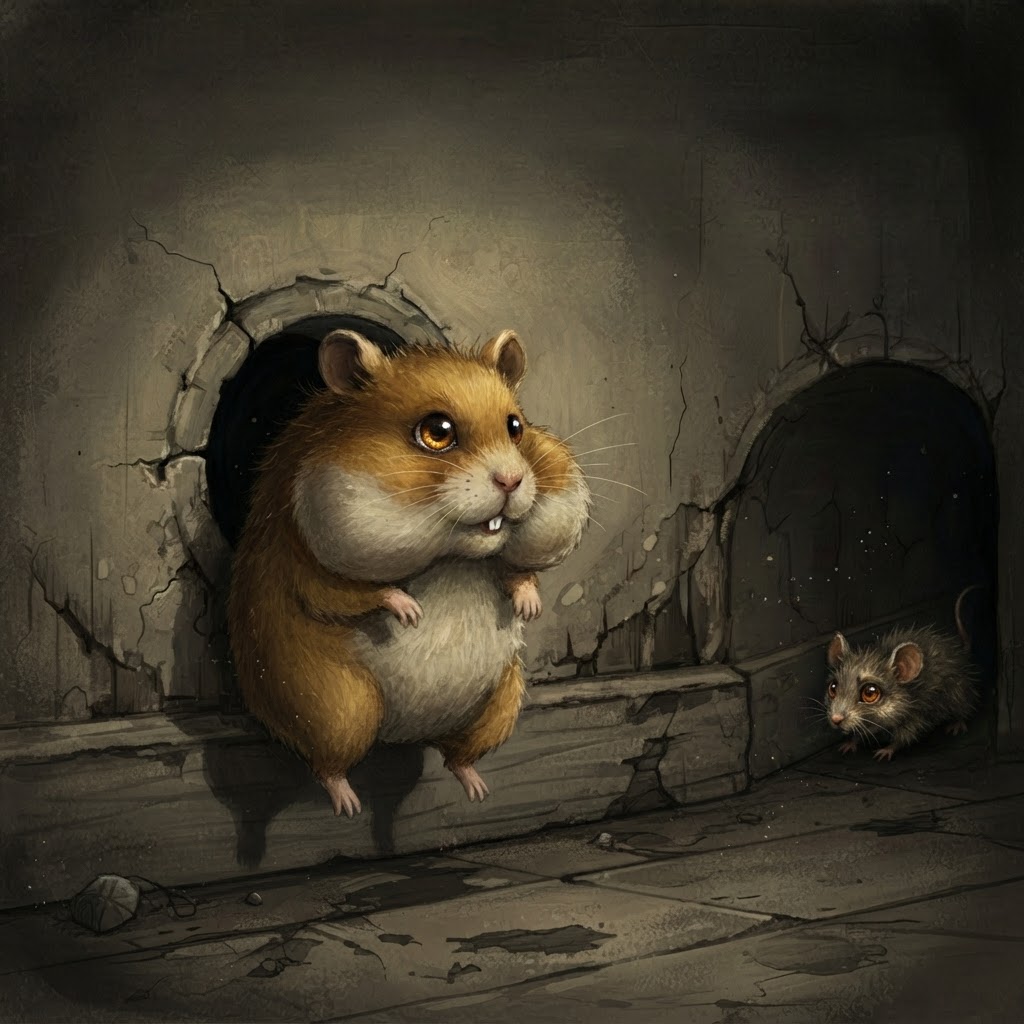 A scruffy golden-brown hamster stuck halfway through a tiny mousehole in a crumbling baseboard