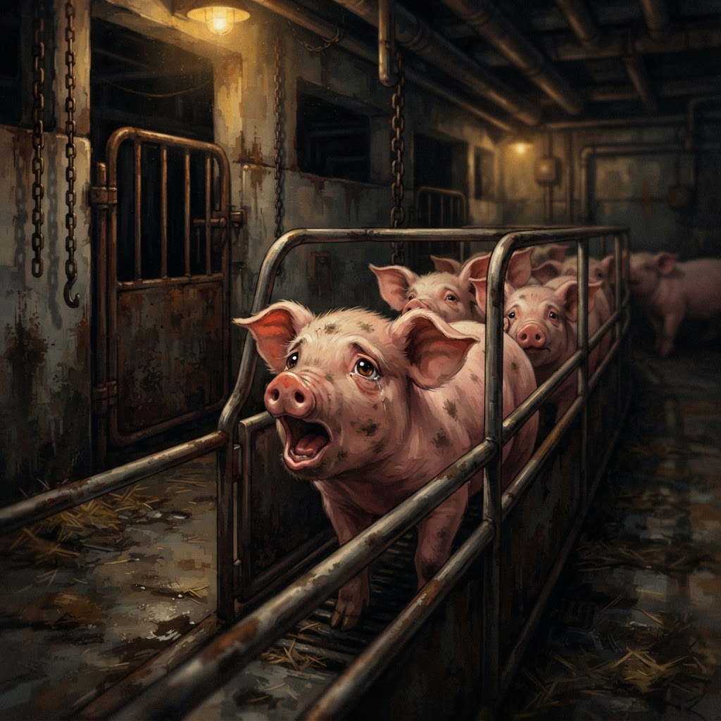 The pig oinking loudly to warn the other pigs in the line