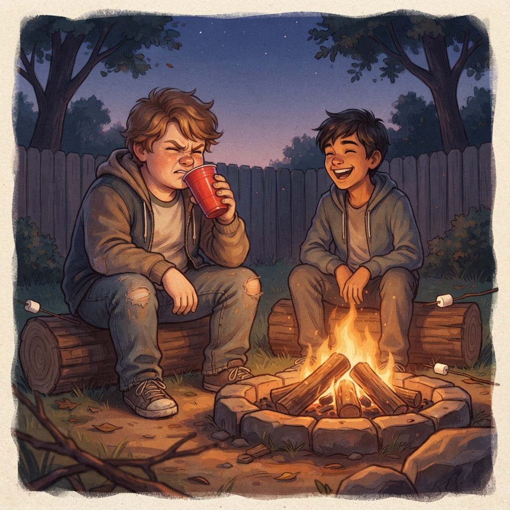 Boy grimacing after a sip around a backyard bonfire